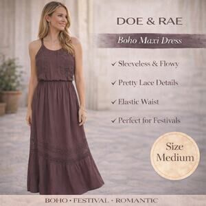 Doe & Rae Maxi Dress Sleeveless Lace Detail Flowy Boho Vacation Resort SZM